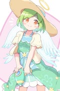 absurdres blue_ribbon blush coat dress floral_print green_dress green_hair halo halterneck hat highres holding holding_water_gun jazz_grace looking_at_viewer multiple_wings official_alternate_costume orange_eyes puyopuyo puyopuyo_quest ribbon roco_(puyopuyo) short_hair sidelocks smile strapless strapless_dress straw_hat sun_hat sundress traditional_halo water_gun wings yellow_coat yellow_halo rating:g score:1 post #10167116