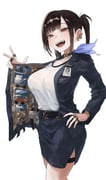 1girl absurdres black_choker black_hair black_jacket black_skirt breasts brown_eyes choker collarbone contraband earrings fang goddess_of_victory:_nikke hand_on_own_hip highres id_card jacket jewelry large_breasts muginosa open_clothes open_jacket open_mouth opened_by_self pencil_skirt ponytail ring shirt simple_background skirt snake_earrings solo sora_(nikke) thigh_strap white_shirt rating:s score:7 post #10176505