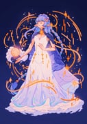 1girl absurdly_long_hair alt_text blue_background blunt_bangs blunt_sidelocks braid breasts cape cape_clasp cleavage closed_eyes cloud cloud_print color_contrast commentary covered_groin covered_navel crescent crescent_hair_ornament dress elf english_commentary full_body full_moon glitter_dress glowing gradient_clothes gradient_dress hair_ornament highres jewelry long_dress long_hair medium_breasts meyoco moon necklace object_floating_above_hand open_mouth orange_light original pointy_ears print_cape print_dress purple_background purple_cape purple_dress purple_hair purple_theme shooting_star side_braid sidelocks sleeveless sleeveless_dress solo sparkle standing star_(sky) star_(symbol) star_hair_ornament star_necklace very_long_hair white_dress rating:g score:4 post #10123279