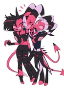 1girl 2boys :d ;d ^_^ absurdres arm_around_shoulder bare_shoulders black_coat black_gloves black_hair black_horns black_pants black_shirt blitzo_(helluva_boss) bow bowtie clenched_hands closed_eyes coat collarbone colored_sclera colored_skin colored_teeth commentary_request crop_top cropped_shirt demon_boy demon_girl demon_horns demon_tail fangs fewer_digits fingerless_gloves freckles full_body gloves grin hair_between_eyes halterneck hellaverse helluva_boss highres horns husband_and_wife knees_together_feet_apart long_sleeves looking_at_another menma_(enaic31) midriff millie_(helluva_boss) moxxie_(helluva_boss) multicolored_horns multiple_boys off-shoulder_shirt off_shoulder one_eye_closed open_mouth pants red_bow red_bowtie red_shirt red_skin red_tail scar_across_eyes sharp_teeth shirt short_hair short_sleeves signature simple_background smile standing standing_on_one_leg striped_horns tail teeth toes tongue torn_clothes torn_pants traditional_bowtie two-tone_horns very_short_hair white_background white_hair white_horns white_shirt yellow_sclera yellow_teeth rating:g score:1 post #10154937