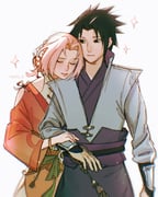 1boy 1girl alternate_costume black_hair black_robe closed_eyes couple flower gelley_j0 hair_flower hair_ornament haruno_sakura hetero highres holding_another's_arm jacket japanese_clothes naruto_(series) parted_bangs pink_hair red_robe robe short_hair sparkle spiked_hair twitter_username uchiha_sasuke white_background white_jacket rating:s score:1 post #10173554