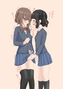 2girls absurdres azumanishiki black_eyes black_hair black_socks black_thighhighs blazer blue_jacket blue_skirt blunt_bangs blush bow bowtie brown_eyes brown_hair buttoned_cuffs buttons censored clenched_hand collared_shirt commentary_request erection feet_out_of_frame fingernails futa_with_female futanari hair_between_eyes handjob heart highres holding_hands interlocked_fingers jacket lapels long_sidelocks long_sleeves looking_at_another mosaic_censoring multiple_girls notched_lapels open_mouth original penis pleated_skirt pocket red_bow red_bowtie school_uniform shirt short_hair sidelocks simple_background skirt socks standing thighhighs translation_request trembling white_shirt yellow_background rating:e score:19 post #10146036