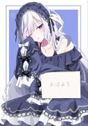 1girl bare_shoulders blue_background blue_dress blue_eyes blue_hairband bow commentary_request crescent crescent_necklace dress frilled_dress frills gothic_lolita hair_over_one_eye hairband highres holding holding_sketchbook jewelry lolita_fashion lolita_hairband long_hair long_sleeves looking_at_viewer mahou_shoujo_no_majo_saiban natsume_an-an necklace one_eye_closed one_side_up polka_dot polka_dot_bow rubbing_eyes sitting sketchbook sleepy sleeves_past_fingers sleeves_past_wrists solo translation_request very_long_hair white_hair yatsume_(ya2me_una10) rating:g score:2 post #10174747