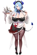 1girl absurdres animal_ears apron black_dress black_nails black_shoes blood blood_on_breasts blood_on_clothes blood_on_face blood_on_knife blue_eyes blue_hair blue_pupils braid breasts bright_pupils cleavage closed_mouth cookie cow_ears cow_girl cow_horns cow_tail cream_cod cup dress food frilled_apron frilled_dress frills hair_over_one_eye hair_over_shoulder hair_tubes highres holding holding_tray horns huge_breasts indie_virtual_youtuber knife long_hair maid maid_headdress miilkywayz mole mole_under_mouth official_art purple_horns saucer shoes single_hair_tube smile solo tachi-e tail teacup teapot thighhighs transparent_background tray virtual_youtuber white_apron rating:s score:1 post #10175353