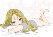 1girl absurdres aged_down artist_logo barefoot bed_sheet blonde_hair blue_eyes blush crossed_ankles feet feet_up grey_shirt highres kantai_collection legs logo long_hair looking_at_viewer lying motion_lines nelson_(kancolle) no_pants on_stomach open_mouth panties parted_bangs sakurai_nana_(moshichi) shirt soles solo the_pose toes underwear white_panties rating:s score:28 post #9904219