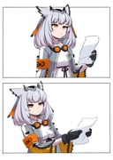 1girl 2koma arknights armband bird_girl black_gloves coat comic dress feather_hair gameplayerak gloves goggles goggles_around_neck grey_coat grey_hair holding holding_paper jacket long_hair looking_at_viewer medium_hair meme orange_eyes owl_ears owl_girl paper pointy_hair ptilopsis_(arknights) rhine_lab_logo silent_comic simple_background solo white_background white_dress winnie_the_pooh_reading_(meme) rating:g score:15 post #10081922