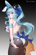1girl absurdres animal_ears ass blonde_hair blue_bow blue_eyes blue_hair bow breasts chain commission commissioner_name gold_chain grabbing_own_ass hat hat_bow highres kaminari_clara long_hair looking_back mae_algae median_furrow mini_hat mini_top_hat multicolored_hair pantyhose phase_connect playboy_bunny rabbit_ears rabbit_tail shadow signature solo streaked_hair sweat tail top_hat virtual_youtuber white_wrist_cuffs wrist_cuffs rating:s score:22 post #9696771