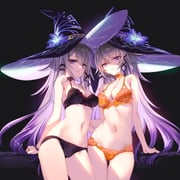 2girls bare_shoulders black_bra black_hat black_panties bra breasts choco_(chocolate_shop) choker cleavage dual_persona flower grey_hair hat hat_flower herta_(honkai:_star_rail) highres honkai:_star_rail honkai_(series) long_hair looking_at_viewer medium_breasts multiple_girls navel orange_bra orange_panties panties purple_eyes sidelocks the_herta_(honkai:_star_rail) thighs underwear witch_hat rating:s score:51 post #10158152