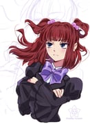 1girl absurdres blue_eyes blunt_bangs bow bowtie crossed_arms hair_bobbles hair_ornament highres juliet_sleeves long_sleeves puffy_sleeves purple_bow purple_bowtie red_hair solo twintails two_side_up umineko_no_naku_koro_ni ushiromiya_ange vanilla_cream_(artist) rating:g score:0 post #10173562