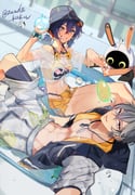 1boy 1girl artist_name bandana bandana_around_neck bangboo_(zenless_zone_zero) belle_(summer_skies)_(zenless_zone_zero) belle_(zenless_zone_zero) bikini bikini_bottom_under_shorts bikini_top_under_shirt bikini_under_clothes black_wetsuit blue_eyes blue_wetsuit blush bracelet brother_and_sister bucket_hat commentary_request crop_top crossed_bangs eous_(zenless_zone_zero) fish_hat green_eyes grey_hair grey_male_swimwear hair_ornament hat highres jewelry letter_hair_ornament looking_at_viewer male_swimwear off-shoulder_shirt off_shoulder official_alternate_costume official_alternate_hairstyle orange_bandana orange_bikini orange_shorts partially_submerged see-through_clothes selfie shirt short_twintails shorts siblings smile sphere_hair_ornament swimsuit throwing tied_shirt twintails twitter_username two-tone_one-piece_swimsuit water_balloon water_drop wise_(peaceful_waves)_(zenless_zone_zero) wise_(zenless_zone_zero) zenless_zone_zero zunda_kaku rating:s score:8 post #10169004