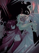 1girl 1other antlers arm_up armor black_hair blank_stare blonde_hair blue_skin colored_skin commentary deer_antlers deer_girl deer_tail delta_rune_(symbol) deltarune english_commentary fingernails furry furry_female grey_eyes hair_over_one_eye heart highres horns kris_(dark_world)_(deltarune) kris_(deltarune) long_fingernails long_hair nag1sa noelle_holiday noelle_holiday_(dark_world) parted_lips red_eyes robe sharp_fingernails short_hair side_cape tail thorn_ring_(deltarune) thorns upside-down_heart utdr_(toby_fox) weird_route_(deltarune) white_robe rating:g score:6 post #10061355