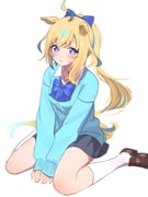 1girl alternate_costume alternate_hairstyle animal_ears between_legs black_skirt blonde_hair blue_cardigan blue_eyes blue_hair blush brown_shoes cardigan closed_mouth commentary_request hand_between_legs highres horse_ears horse_girl horse_tail katuko_deluxe kneehighs loafers long_sleeves looking_at_viewer neo_universe_(umamusume) ponytail school_uniform shoes simple_background sitting skirt sleeves_past_wrists socks solo tail umamusume v_arms wariza white_background white_socks yellow_tail rating:g score:3 post #10177292
