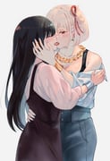 2girls absurdres black_dress black_hair black_tank_top blonde_hair blue_nails blush bracelet breasts chai_haru cleavage closed_eyes commentary_request dress earrings french_kiss hair_ribbon hand_on_another's_cheek hand_on_another's_face hand_on_another's_waist highres inoue_takina jewelry kiss long_hair lycoris_recoil multiple_girls nail_polish necklace nishikigi_chisato one_side_up pinafore_dress red_eyes red_ribbon ribbon shirt short_hair sidelocks simple_background sleeveless sleeveless_dress tank_top white_background white_shirt yuri rating:s score:16 post #10152616