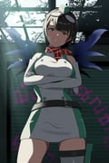 1girl absurdres akitsuiri_tsuki arms_under_breasts bare_shoulders breasts cowboy_shot crossed_arms digimon digimon_(creature) digimon_story:_time_stranger dress elbow_gloves gloves goggles goggles_on_head green_dress green_hat hat highres indoors large_breasts looking_at_viewer microdress picodevimon red_scarf scarf short_hair sleeveless sleeveless_dress smile solo_focus thighhighs two-tone_dress white_dress white_gloves white_thighhighs yuuki_kanan rating:s score:8 post #10162250