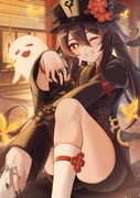 1girl absurdres black_hat black_nails blush boo_tao_(genshin_impact) brown_hair bug butterfly chinese_clothes commentary_request flower flower-shaped_pupils genshin_impact ghost hal_aluha hat hat_flower hat_tassel highres hu_tao_(genshin_impact) indoors jewelry knees_up long_hair long_sleeves looking_at_viewer multiple_rings plum_blossoms porkpie_hat red_eyes ring shorts smile socks symbol-shaped_pupils twintails white_socks rating:g score:29 post #10161930