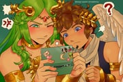 1boy 1girl ? absurdres ahoge angel angel_wings anger_vein blue_eyes brown_hair chain circlet collarbone gold_chain green_background green_eyes green_hair handheld_game_console heart highres holding holding_handheld_game_console holding_stylus kid_icarus kid_icarus_uprising kid_icarus_uprising_tutorial_redraw_(meme) laurel_crown mango-peach-strawberry meme nintendo_3ds one_eye_closed palutena pit_(kid_icarus) sticker stylus super_smash_bros. super_smash_bros._logo tumblr_username wings rating:g score:12 post #9939807