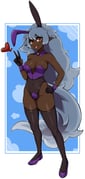 1girl animal_ears black_gloves black_thighhighs blue_background blue_hair border breasts brown_eyes commentary commission dark-skinned_female dark_skin detached_collar double-parted_bangs english_commentary fake_animal_ears full_body gloves hand_on_own_hip hand_up heart highres large_breasts leotard long_hair looking_at_viewer oninuer original outside_border playboy_bunny pointy_ears purple_leotard purple_shoes rabbit_ears shoes smile solo strapless strapless_leotard tail thighhighs tongue tongue_out v white_border rating:s score:3 post #10175036