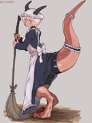 1girl absurdres apron aqua_eyes bike_shorts blonde_hair blue_dress broom digitigrade dragon_girl dragon_horns dragon_tail dragondedemushi dress frills full_body grey_background hat highres holding holding_broom horns horns_through_headwear juliet_sleeves long_sleeves maid maid_apron mob_cap monster_girl original puffy_sleeves short_hair sideways_glance simple_background solo standing tail twitter_username wooden_floor rating:s score:3 post #10173182