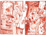 1other 2girls ambiguous_gender artist_name bag book bookshelf bow cardigan coffee_beans comic commentary cup eudetenis flower hair_bow hand_on_own_hip hat highres holding holding_bag instrument_case light_bulb long_hair long_sleeves monochrome multiple_girls open_mouth original pants pitcher_(container) plaid_hat pointing pouring red_theme shirt shop silent_comic slice_of_life smile standing statue teacup traditional_media twintails vase very_long_hair rating:s score:2 post #10167075