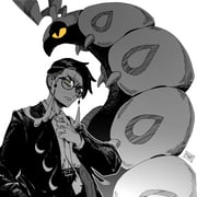 1boy absurdres belt bug closed_mouth collared_shirt corbeau_(pokemon) eyewear_strap glasses highres horns jacket long_sleeves looking_at_viewer monochrome necktie open_clothes open_jacket pants pikat pokemon pokemon_(creature) pokemon_legends:_z-a round_eyewear scolipede shirt short_hair short_sideburns spot_color undercut yellow_eyes rating:g score:4 post #10174505