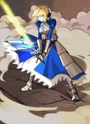 1girl ahoge armor armored_dress artoria_pendragon_(fate) blonde_hair blue_dress blue_ribbon braid breasts dress dust_cloud excalibur_(fate/stay_night) fate/grand_order fate/stay_night fate_(series) gauntlets green_eyes hair_bun hair_ribbon highres holding holding_sword holding_weapon ki_wa001 long_sleeves medium_breasts ribbon saber_(fate) short_hair solo sword weapon rating:g score:7 post #10171201