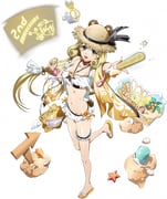 1girl :d animal_ears bag beach bear_ears bikini black_ribbon blonde_hair breasts bucket choker clam_shell cleavage earbuds earphones fake_tail floating floating_object frilled_bikini frilled_thigh_strap frills full_body game_cg glowstick green_eyes handbag hat hat_ribbon hat_with_ears holding holding_earbud holding_glowstick jewelry langrisser langrisser_mobile langrisser_v leg_up legs long_hair looking_at_viewer looking_up low-tied_long_hair medium_breasts navel necklace necklace_between_breasts official_alternate_costume official_art open_mouth orange_ribbon projector projector_screen rachel_(langrisser) removing_earbuds ribbon sand sandals seashell shell sign simple_background smile solo standing standing_on_one_leg starfish stomach straw_hat swimsuit tachi-e tail thigh_strap third-party_source towel towel_writing transparent_background very_long_hair wet white_bikini writing rating:s score:0 post #10175206