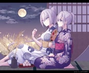 2girls alternate_costume blue_kimono cloud commentary_request dango food full_moon fuyutsuki_(kancolle) grey_eyes grey_hair highres japanese_clothes kabocha_torute kantai_collection kimono long_hair medium_hair mochi moon multiple_girls night night_sky ponytail seiza sitting sky susuki_grass suzutsuki_(kancolle) tsukimi tsukimi_dango very_long_hair wagashi wheat yukata rating:g score:5 post #10077301