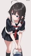 1girl ahoge black_hair black_serafuku black_shirt black_skirt black_socks blue_eyes braid bucket feet_out_of_frame grey_background hair_flaps hair_over_shoulder highres kantai_collection leaning_forward long_hair looking_to_the_side miron_(mirona33) neckerchief pleated_skirt red_neckerchief sailor_collar school_uniform serafuku shigure_(kancolle) shigure_kai_ni_(kancolle) shirt single_braid skirt socks solo twitter_username white_sailor_collar rating:g score:8 post #10166641