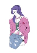 1boy artist_name character_print cowboy_shot cropped_legs denim findoworld flower flower_in_pocket half_updo hand_in_pocket highres jacket jeans jewelry jinshi_(kusuriya_no_hitorigoto) kusuriya_no_hitorigoto long_hair male_focus maomao_(kusuriya_no_hitorigoto) necklace pants parted_bangs pink_jacket ponytail print_shirt purple_eyes purple_hair red_flower shirt sketch solo torn_clothes torn_jeans torn_pants white_background rating:g score:1 post #10170737