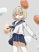 1girl food food_on_head fried_egg glasses looking_at_viewer object_on_head open_mouth orange_eyes school_uniform shimeji_simulation short_hair simple_background solo standing yamashita_majime rating:g score:0 post #10177347