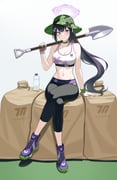 1girl artist_request bare_arms bare_shoulders belt black_hair black_pants blue_archive bottle breasts bucket_hat camouflage_hat choker cleavage commentary_request commission crop_top crossed_legs flower gloves green_choker green_hat hair_flower hair_ornament halo hat highres holding holding_shovel korean_commentary large_breasts long_hair looking_at_viewer midriff navel pants ponytail purple_eyes purple_shoes second-party_source shirt shoes shovel sitting sleeveless sleeveless_shirt solo stomach sumire_(blue_archive) track_pants very_long_hair white_gloves white_shirt yoga_pants rating:s score:24 post #10169520
