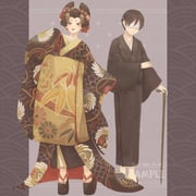 1boy 1girl blindfold brown_hair cane commission datehyogo flower full_body hair_flower hair_ornament highres iimia japanese_clothes kanzashi kimono koma-geta looking_at_viewer manaita_obi nihongami oiran original standing yukata rating:g score:2 post #10138272