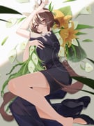 1girl :o absurdres agnes_tachyon_(umamusume) ahoge animal_ears arm_up bare_legs belt belt_buckle black_belt black_dress black_shoes brown_hair buckle calla_lily dress flower hair_between_eyes hand_up high_heels highres horse_ears horse_girl horse_tail huge_ahoge koroeda6 leaf lily_(flower) long_bangs looking_at_viewer looking_to_the_side low_ponytail lying on_side parted_lips pencil_dress ponytail red_eyes shoes short_hair short_sleeves sidelocks single_shoe solo tail tiger_lily train_(clothing) umamusume watermark white_flower yellow_flower rating:s score:13 post #10141665