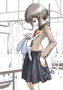 19_(nin19) 1girl animal bed breasts brown_eyes brown_hair brown_jacket brown_sleeves buttons chair clenched_teeth cowboy_shot door from_side grey_skirt hair_ornament hairclip holding holding_animal holding_rabbit holding_scissors hospital_bed indoors infirmary iwakura_lain jacket long_sleeves looking_down lowres medium_skirt muted_color orange_ribbon plaid_clothes plaid_skirt privacy_screen rabbit red_eyes ribbon school_uniform scissors serial_experiments_lain short_hair sidelocks skirt small_breasts solo_focus swivel_chair table teeth white_background white_rabbit_(animal) rating:g score:2 post #10175297