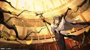 1girl :d absurdres arms_up black_dress black_gloves black_hat branch brown_hair cane copyright_name copyright_notice cowboy_shot dress elbow_gloves flower gloves hair_bun hat highres hobble_dress holding holding_cane huge_hair_bun indoors liqing_(xinyue_tongxing) logo long_dress looking_up mini_hat mini_top_hat neck_flower official_art official_wallpaper open_mouth red_eyes shawl single_side_bun sleeveless sleeveless_dress smile solo tilted_headwear top_hat white_flower white_shawl wide_shot xinyue_tongxing yellow_flower rating:g score:0 post #10055913