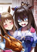 2girls absurdres animal_ears blue_eyes blush bow brown_hair chicken_(food) closed_mouth commentary_request crying crying_with_eyes_open el_condor_pasa_(umamusume) eye_mask food grass_wonder_(umamusume) hair_between_eyes hand_on_another's_shoulder highres horse_ears horse_girl long_hair looking_at_another mambo_(umamusume) manjo_(warito) mask multiple_girls open_mouth oven_mitts ponytail purple_bow purple_shirt sailor_collar shirt sidelocks smile tears umamusume white_sailor_collar rating:g score:7 post #10142403