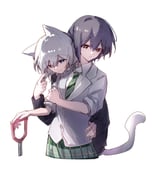 2girls animal_ears bang_dream! bang_dream!_it's_mygo!!!!! black_shirt blue_eyes brown_eyes cat_ears cat_girl cat_tail diagonal-striped_clothes diagonal-striped_necktie green_necktie green_skirt grey_hair grey_jacket hair_between_eyes haneoka_school_uniform heterochromia hibioes highres jacket kaname_raana kemonomimi_mode multiple_girls necktie raana_the_cat rock school_uniform shirt short_hair simple_background skirt sleeves_rolled_up striped_clothes tail takamatsu_tomori white_background white_hair white_shirt yellow_eyes rating:g score:2 post #10173860