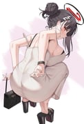 1girl absurdres adjusting_clothes alternate_costume alternate_hairstyle ass bag bakoko bare_shoulders black_bra black_hair black_halo black_panties blue_archive bra breasts dongtan_dress dress grey_dress halo handbag hashtag-only_commentary highres holding holding_bag large_breasts long_hair panties platform_sandals red_eyes ring_light_reflection rio_(blue_archive) sandals see-through_clothes see-through_dress sideboob simple_background solo squatting underwear white_background rating:s score:214 post #10154727