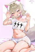 1girl absurdres animal_ear_fluff animal_ears barefoot blonde_hair blue_eyes breasts commentary crop_top cropped_shirt dog_ears dopeybunni english_commentary hands_up highres hololive hololive_english medium_hair mococo_abyssgard mococo_abyssgard_(1st_costume) navel open_mouth pink_streaks seiza shirt short_shorts shorts sitting small_breasts solo sweat virtual_youtuber white_shirt white_shorts rating:s score:2 post #10177241