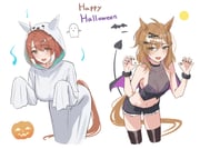 2girls absurdres animal_ears black_nails black_shorts black_thighhighs blush breasts brown_eyes brown_hair brown_tail claw_pose crop_top dantsu_flame_(umamusume) demon_tail demon_wings fake_tail fake_wings ghost_costume ghost_pose hair_ornament hairclip halloween halloween_costume happy_halloween highres horse_ears horse_girl horse_tail jungle_pocket_(umamusume) kimchi_(user_mpzz8457) large_breasts leaning_forward looking_at_viewer low_wings midriff multiple_girls open_mouth sheet_ghost short_shorts shorts simple_background small_breasts smile tail thighhighs umamusume white_background white_streaks wings zettai_ryouiki rating:s score:12 post #10172686
