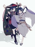 2boys armor arms_up black_eyes black_hair black_hat black_kimono black_mask black_sandals black_shorts black_sleeves blunt_ends bodysuit bow bridal_legwear brown_sash closed_mouth clothing_cutout dancing dual_persona eyeliner eyeshadow feathers foot_up full_body furisode genshin_impact gold gold_trim grey_bodysuit grey_eyes grey_veil hakama hakama_shorts hat highres holding_hands japanese_armor japanese_clothes jewelry jingasa juban kariginu kimono kote kurokote layered_sleeves long_sleeves looking_at_another makeup male_focus mask_on_hat mitsudomoe_(shape) multiple_boys neck_ring open_clothes open_kimono open_mouth pants pelvic_curtain pleated_shorts pom_pom_(clothes) purple_bow purple_kimono purple_rope purple_sash purple_sleeves red_eyeliner red_eyeshadow red_hat red_kimono red_sash rope sandals sash scaramouche_(genshin_impact) scaramouche_(kabukimono)_(genshin_impact) shadow shimenawa short_sleeves shorts shoulder_cutout side_cutout single_sode smile stirrup_legwear string toeless_legwear toes tomoe_(symbol) tsurime two-tone_hat veil w02_14 white_background white_kimono white_pants white_rope white_sleeves wide_sleeves wispy_bangs yellow_feathers zouri rating:g score:0 post #10169227