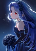 1girl absurdres bead_necklace beads black_dress black_flower black_gloves black_rose blue_background blue_hair bouquet breasts closed_mouth commentary_request dress elbow_gloves flower funeral_dress funeral_veil gami_(gami37260414) gloves hair_flower hair_intakes hair_ornament highres holding holding_bouquet jewelry len_(tsukihime) long_hair necklace pointy_ears red_eyes rose small_breasts smile solo strapless strapless_dress tsukihime veil very_long_hair rating:g score:9 post #9669932
