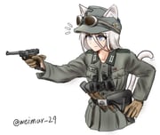 1girl animal_ear_fluff animal_ears belt binoculars black_belt blue_eyes breast_pocket brown_gloves buttons cat_ears cat_tail closed_mouth cockade collar_tabs collared_jacket commentary cropped_torso derivative_work ears_through_headwear edelweiss_(flower) english_commentary explosive finger_on_trigger flower flower_symbol gloves goggles goggles_on_headwear grenade grey_hat grey_jacket gun hair_between_eyes hand_on_own_hip handgun hat highres holding holding_gun holding_weapon holster insignia jacket long_hair long_sleeves looking_ahead luger_p08 m43_field_cap military military_combat_uniform military_hat military_jacket military_uniform notice_lines original patch pocket reichsadler shoulder_boards soldier solo stick_grenade stielhandgranate tail twitter_username weapon wehrmacht weimar_29 white_background white_hair rating:g score:14 post #8010189