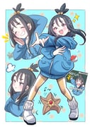 1girl :d ^^^ black_hair blue_hoodie border brown_eyes closed_mouth commentary crossed_arms cube_hair_ornament eyelashes giorgio_(yo_sumire_sola1) hair_ornament highres hood hoodie leggings legs_apart lida_(pokemon) long_hair long_sleeves multiple_views musical_note open_mouth outside_border poke_ball poke_ball_(basic) pokemon pokemon_(creature) pokemon_legends:_z-a puff_of_air ribbed_socks shoes smile socks sparkle standing staryu teeth topknot upper_teeth_only white_border white_shoes rating:g score:5 post #10174395