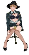 1girl between_thighs black_bra black_hat black_panties blonde_hair bra breasts brown_pantyhose campaign_hat can chair clothes_lift clothes_pull drink_can green_jacket green_skirt hat highres jacket long_sleeves military_dress_uniform military_uniform office_chair on_chair open_clothes open_jacket original panties pantyhose pantyhose_pull pencil_skirt ribbon_bar short_hair sitting skirt skirt_lift solo swivel_chair thighs underwear wani_(perfect_han) rating:s score:9 post #9959550