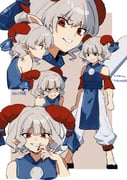 1girl absurdres adapted_costume bare_shoulders black_shoes blood blood_on_hands blue_vest commentary_request crossdressing crossdressing_(ftm) earrings expressionless from_side full_body grey_hair grin highres horizontal_pupils horn_ornament horn_ribbon horns iwakoo jewelry looking_at_viewer medium_hair no_socks pants pointy_ears red_eyes reverse_trap ribbon sharp_teeth sheep_horns shoes smile solo teeth touhou toutetsu_yuuma upper_body veins veiny_arms vest white_pants rating:g score:7 post #10174518