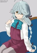 1girl ahoge akkun_teitoku black_ribbon blush bow bowtie braid brown_eyes commentary_request couch dress grey_background grey_hair hair_over_eyes hair_over_one_eye hair_ribbon hamanami_(kancolle) kantai_collection long_hair long_sleeves looking_at_viewer pantyhose ribbon school_uniform shirt single_braid sitting solo white_shirt rating:g score:7 post #9889934