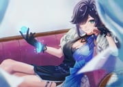 1girl black_dress black_gloves black_hair black_wrist_cuffs blue_dress blurry blurry_foreground breasts cleavage closed_mouth cocktail_dress commentary_request couch dice dress eyebrows_hidden_by_hair genshin_impact gloves green_eyes hair_over_one_eye highres holding holding_dice medium_breasts moika on_couch short_dress short_hair single_glove sleeveless sleeveless_dress smile solo thigh_strap two-tone_dress watermark wrist_cuffs yelan_(genshin_impact) yelan_(tranquil_banquet)_(genshin_impact) rating:s score:12 post #10149987