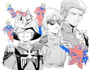 3boys aeug age_progression averting_eyes blonde_hair char's_counterattack char_aznable commentary_request frown greyscale grin gundam hair_slicked_back helmet highres looking_at_viewer male_focus mask mecha_pilot_suit military_uniform mobile_suit mobile_suit_gundam monochrome multiple_boys multiple_persona neo_zeon newo_(shinra-p) normal_suit_(gundam) quattro_bajeena sazabi smile spot_color sunglasses zeon zeta_gundam rating:g score:3 post #10167849