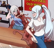 2girls asymmetrical_clothes black_sclera blood blue_eyes blush cendaran colored_sclera denim eldritch_abomination embarrassed exposed_bone fang flesh flirting heterochromia highres jeans jen_(cendaran) long_hair maia_starchild monster_girl multiple_girls pants parasite ponytail poster_(object) red_eyes red_hair self-upload short_hair smile tentacles veins white_hair rating:s score:2 post #10174214